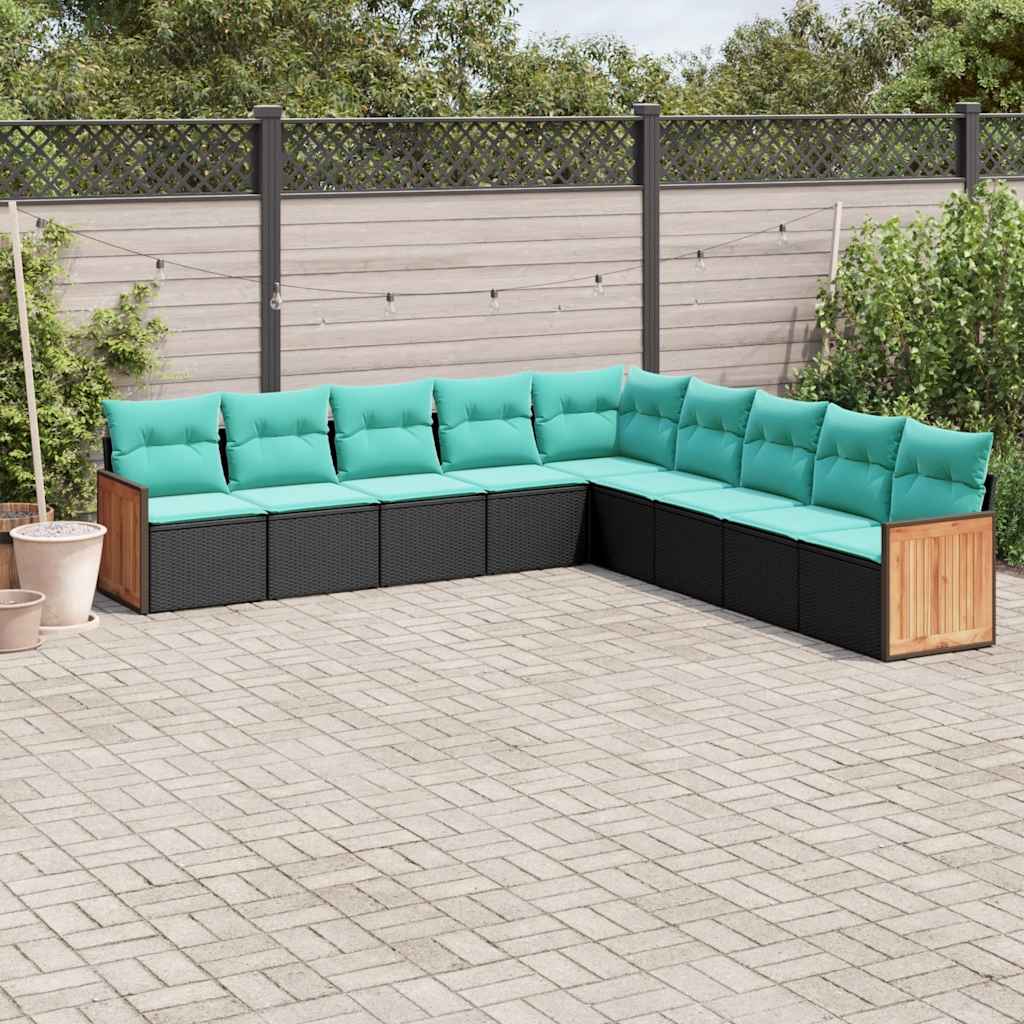 Salon de jardin 9 pcs avec coussins noir résine tressée