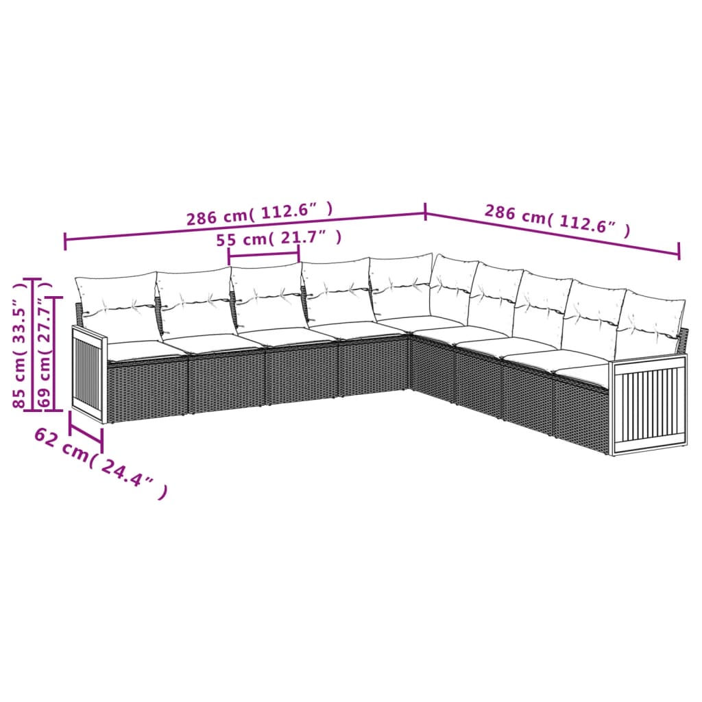 Ensemble de canapé de jardin 9 pcs avec coussins gris résine tressée