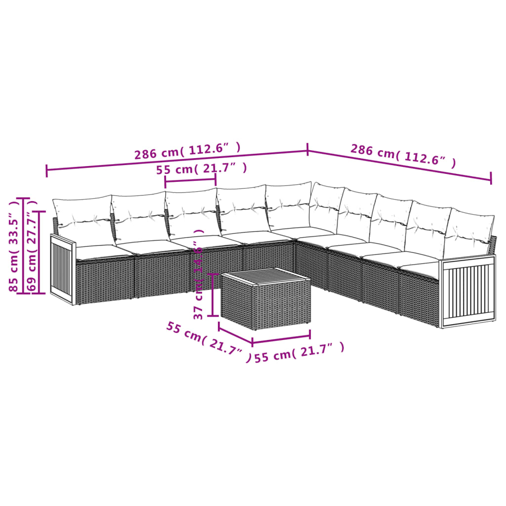 Ensemble de canapé de jardin 10 pcs avec coussins gris résine tressée