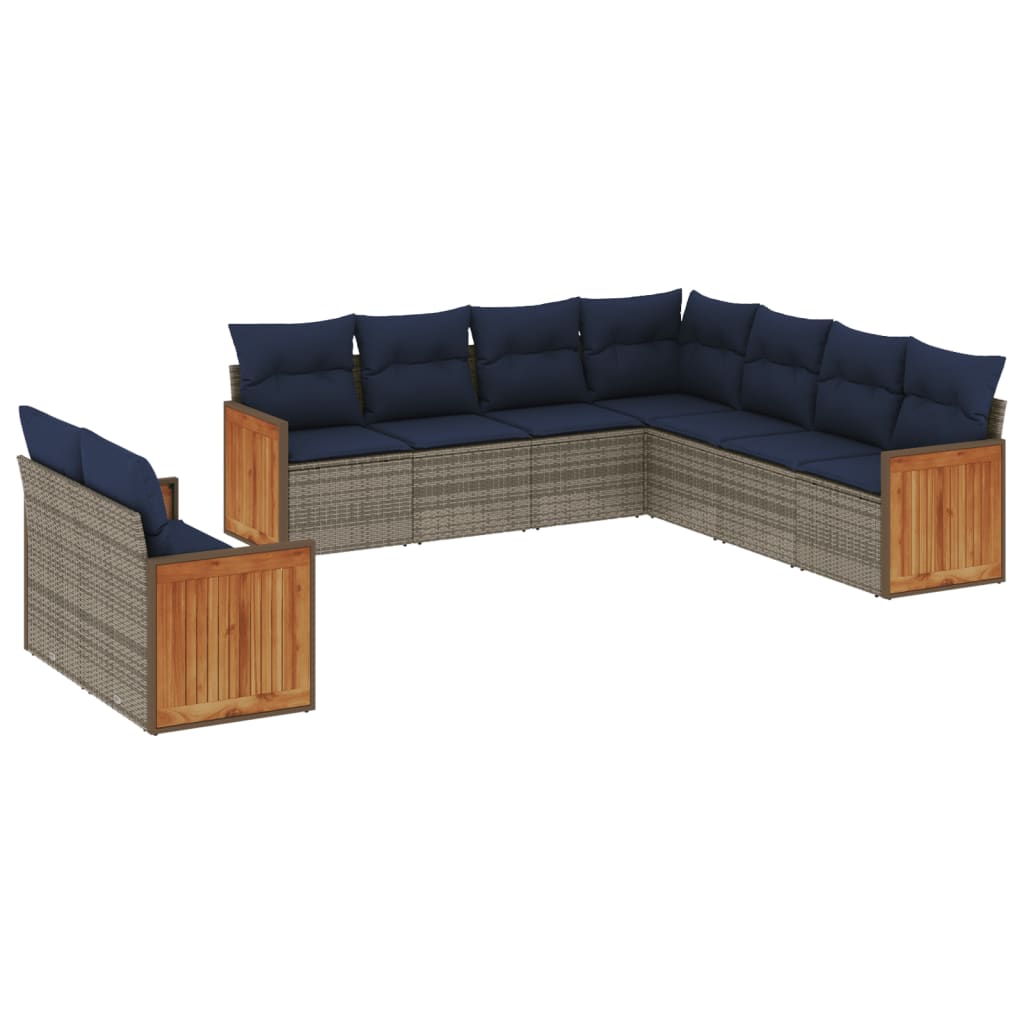 Ensemble de canapé de jardin 9 pcs avec coussins gris résine tressée