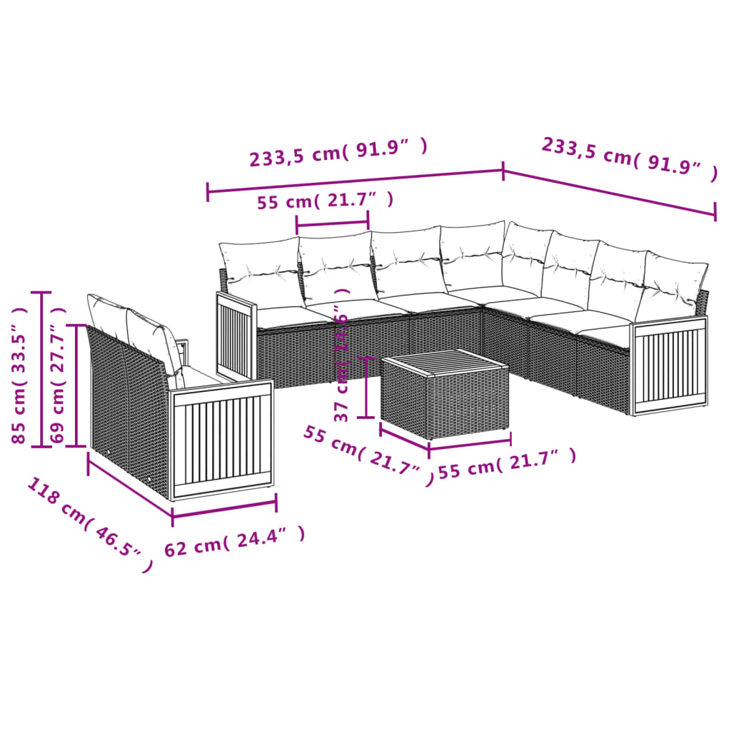 Ensemble de canapé de jardin 10 pcs avec coussins gris résine tressée