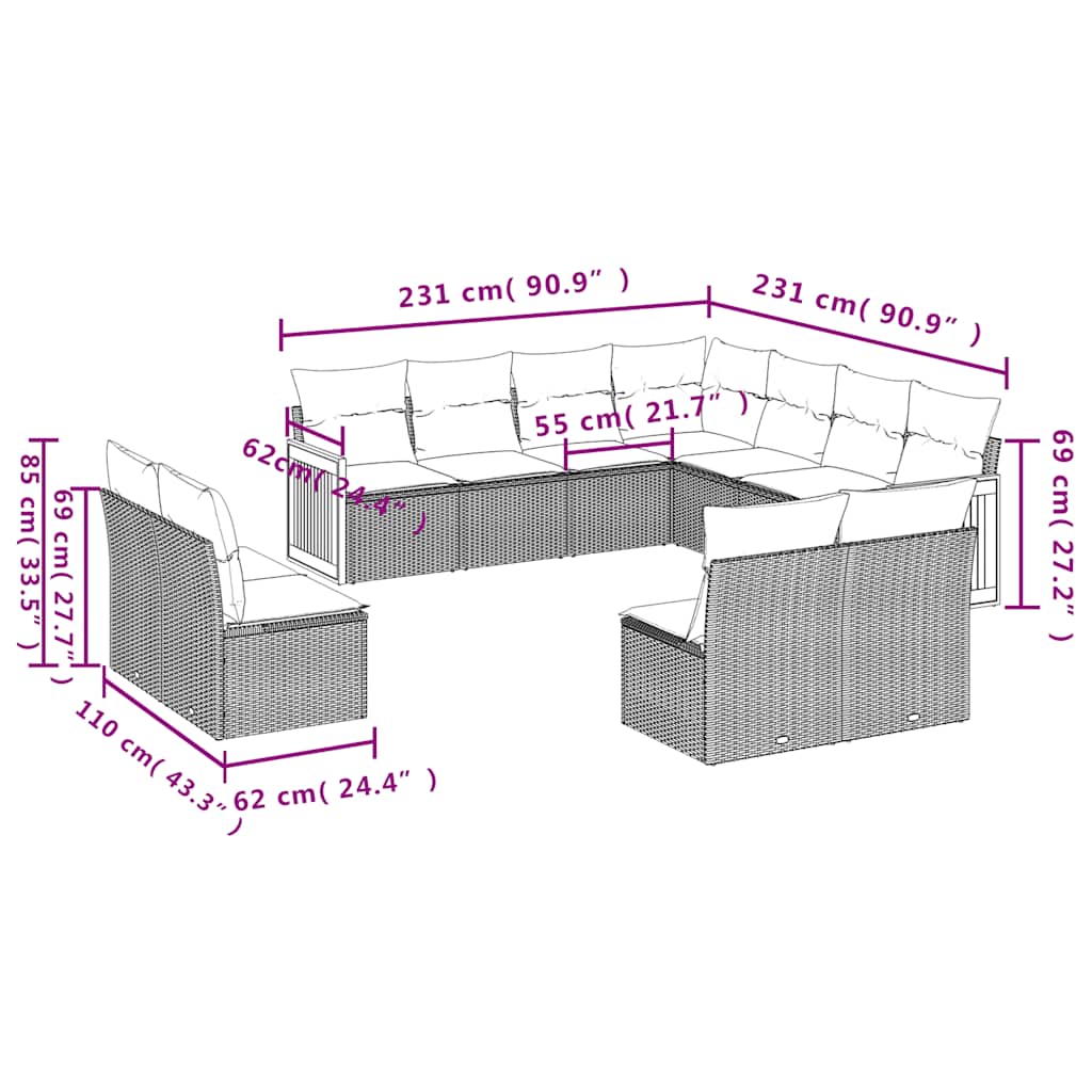 Ensemble de canapé de jardin 10 pcs avec coussins gris résine tressée
