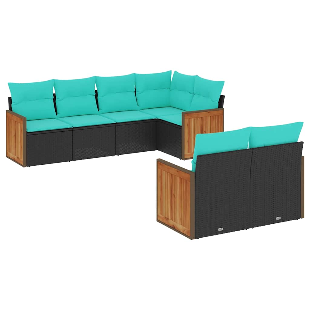 Salon de jardin 7 pcs avec coussins noir résine tressée
