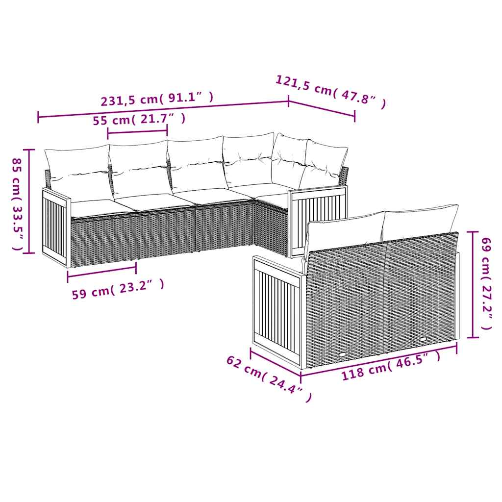 Ensemble de canapé de jardin 7 pcs avec coussins gris résine tressée