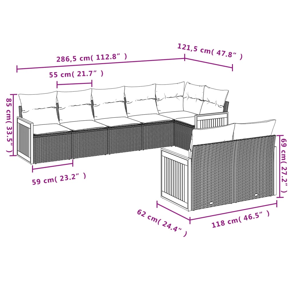 Ensemble de canapé de jardin 8 pcs avec coussins gris résine tressée