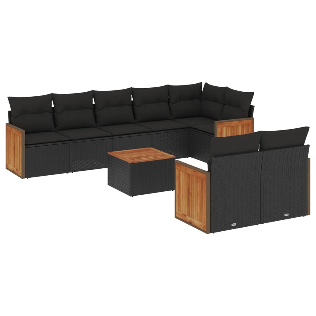 Salon de jardin 9 pcs avec coussins noir résine tressée