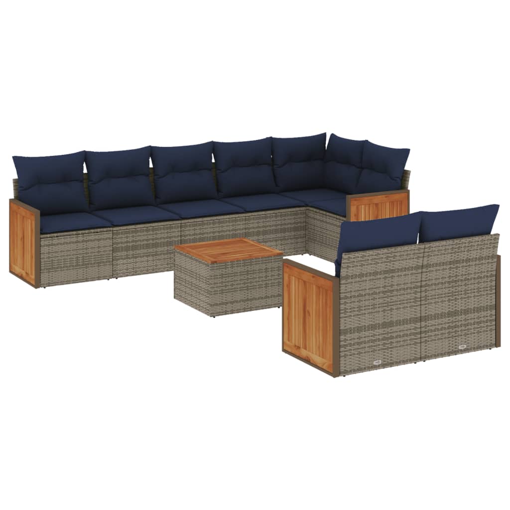 Ensemble de canapé de jardin 9 pcs avec coussins gris résine tressée