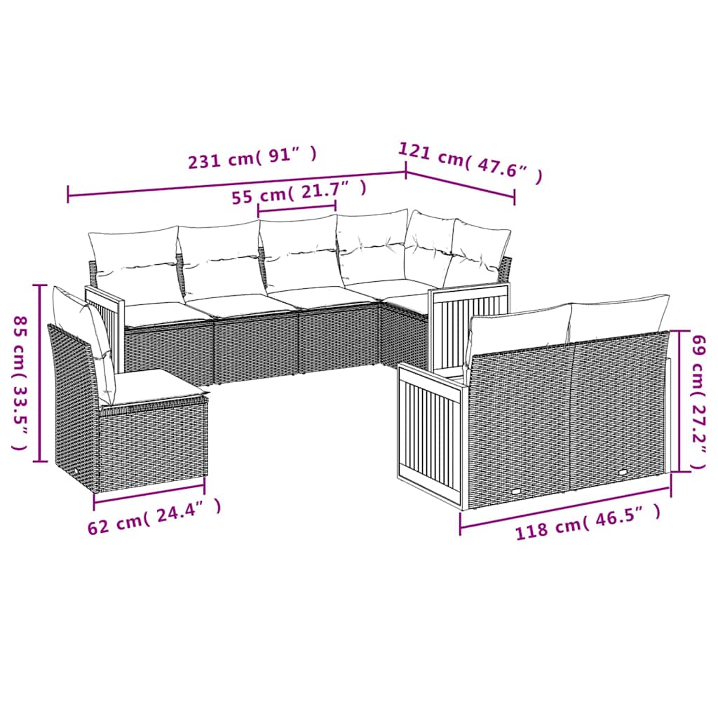 Salon de jardin 8 pcs avec coussins noir résine tressée