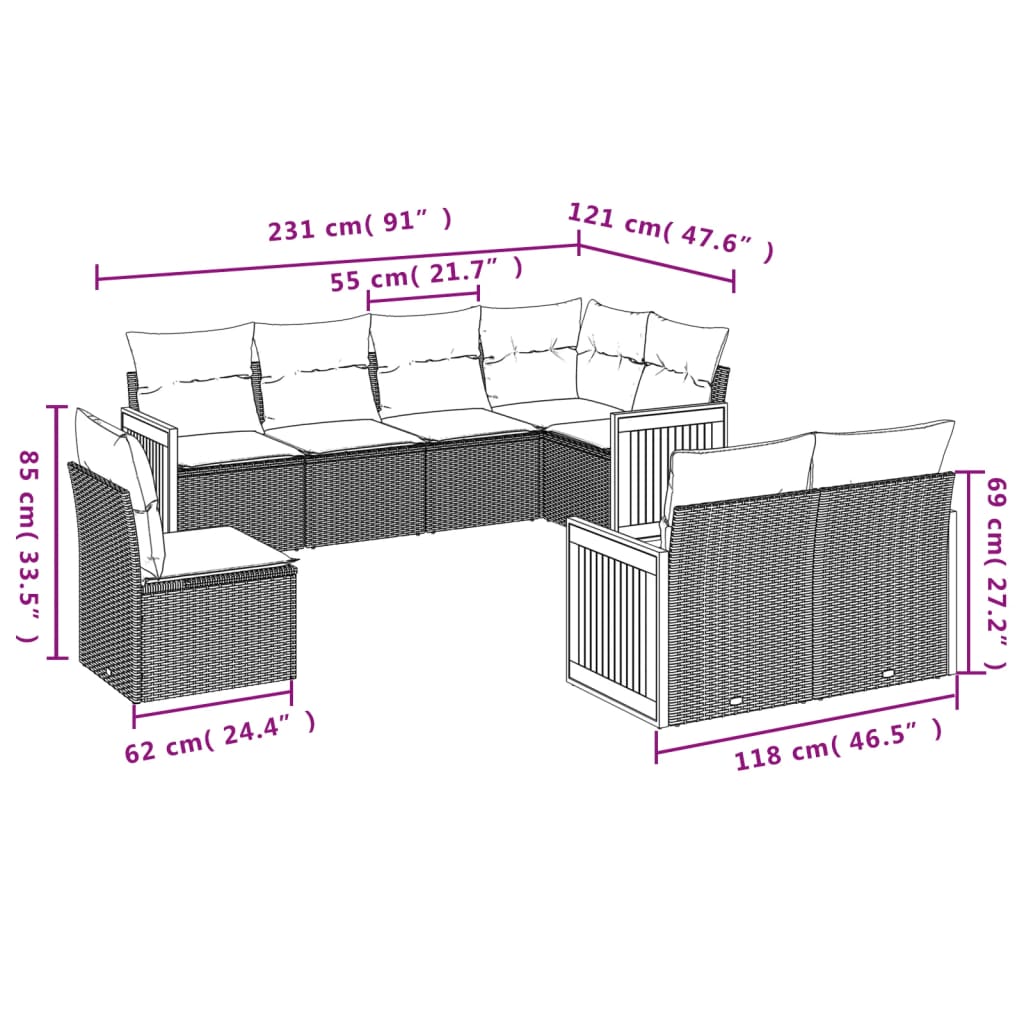 Salon de jardin 8 pcs avec coussins gris résine tressée