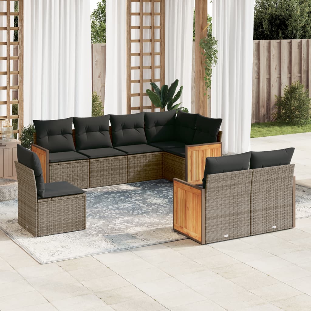 Salon de jardin 8 pcs avec coussins gris résine tressée