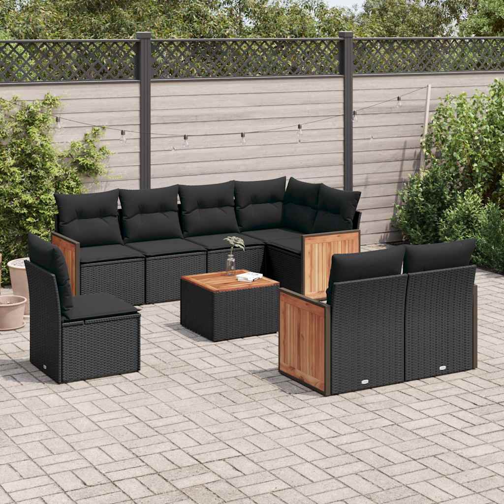 Salon de jardin 9 pcs avec coussins noir résine tressée