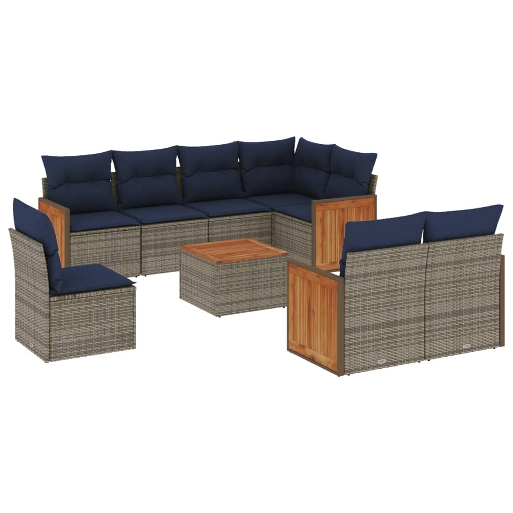 Ensemble de canapé de jardin 9 pcs avec coussins gris résine tressée