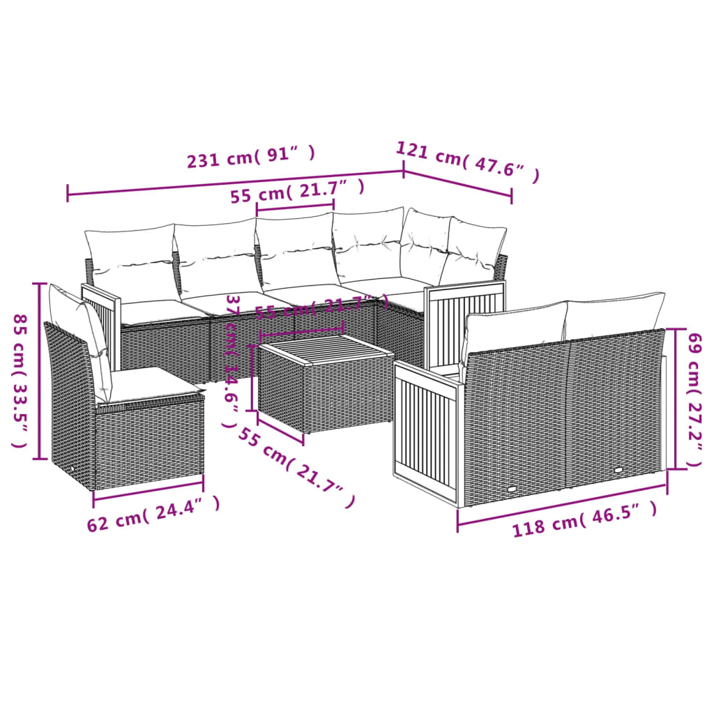 Ensemble de canapé de jardin 9 pcs avec coussins gris résine tressée