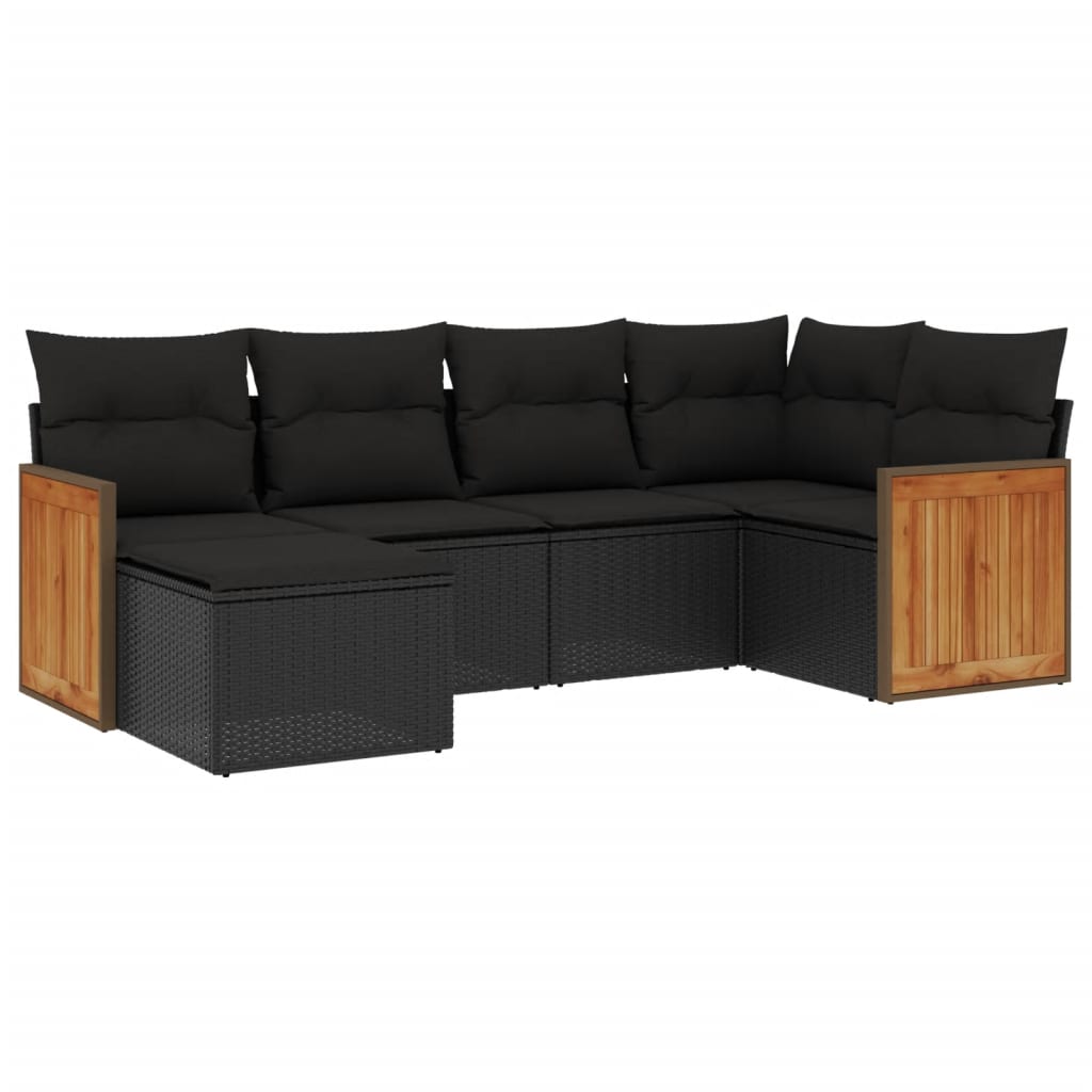 Salon de jardin 6 pcs avec coussins noir résine tressée