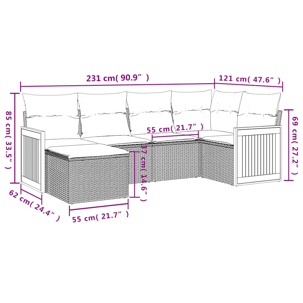 Ensemble de canapé de jardin 6 pcs avec coussins gris résine tressée