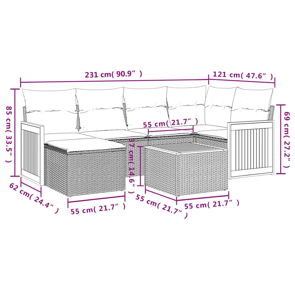 Ensemble de canapé de jardin 7 pcs avec coussins noir résine tressée