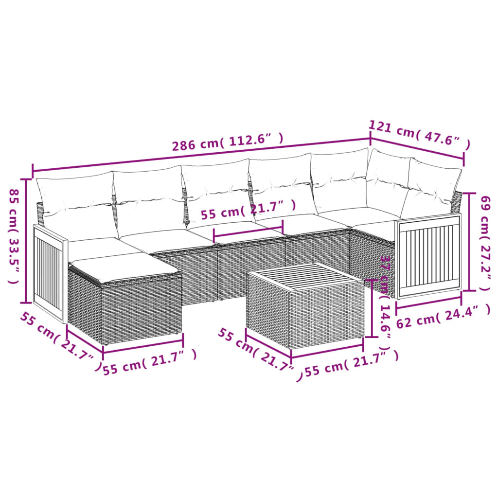 Ensemble de canapé de jardin 8 pcs avec coussins noir résine tressée