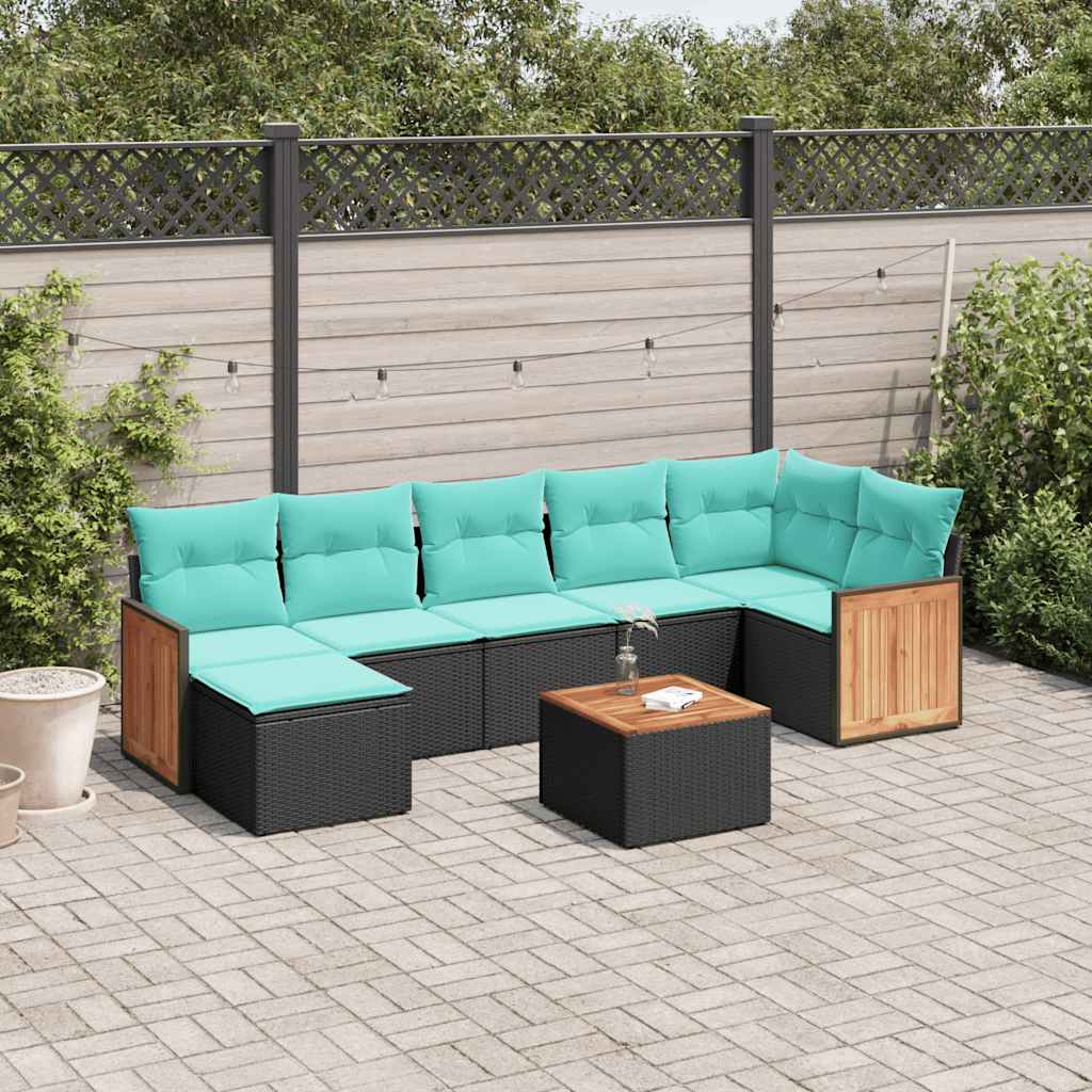 Ensemble de canapé de jardin 8 pcs avec coussins noir résine tressée