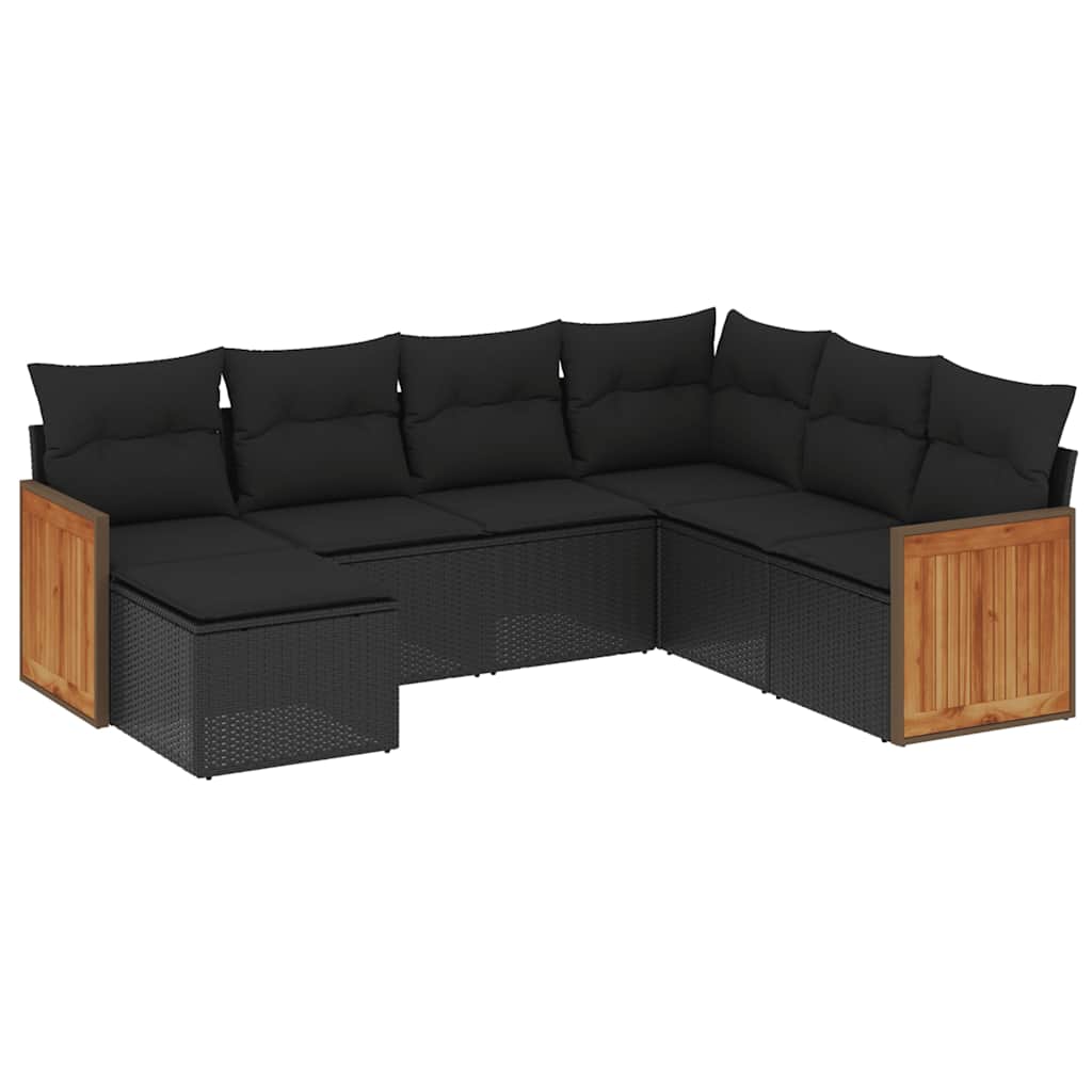 Salon de jardin 7 pcs avec coussins noir résine tressée