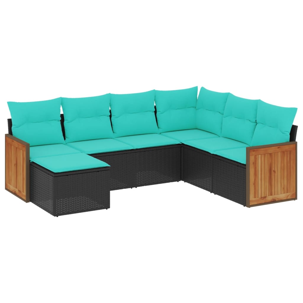 Salon de jardin 7 pcs avec coussins noir résine tressée