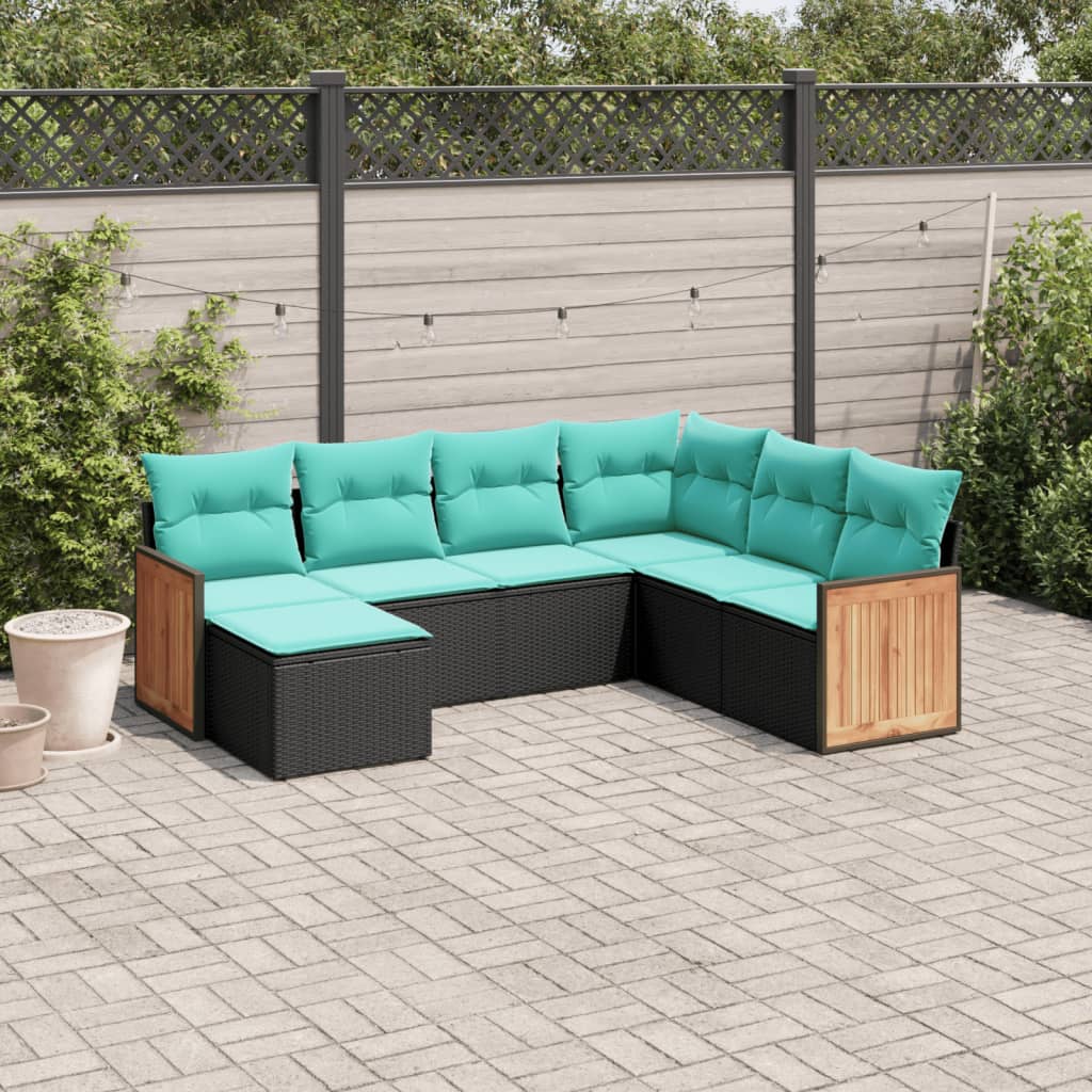 Salon de jardin 7 pcs avec coussins noir résine tressée