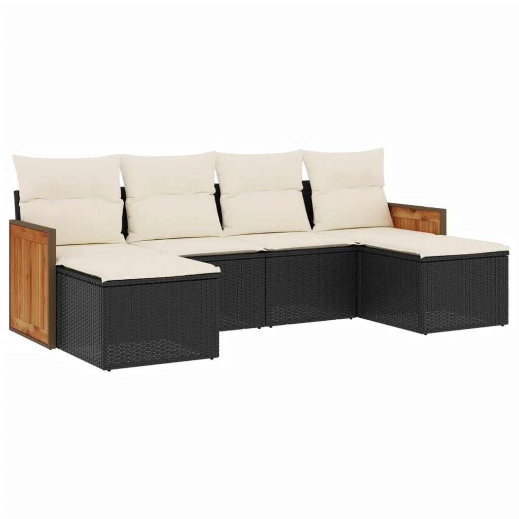 Salon de jardin 6 pcs avec coussins noir résine tressée