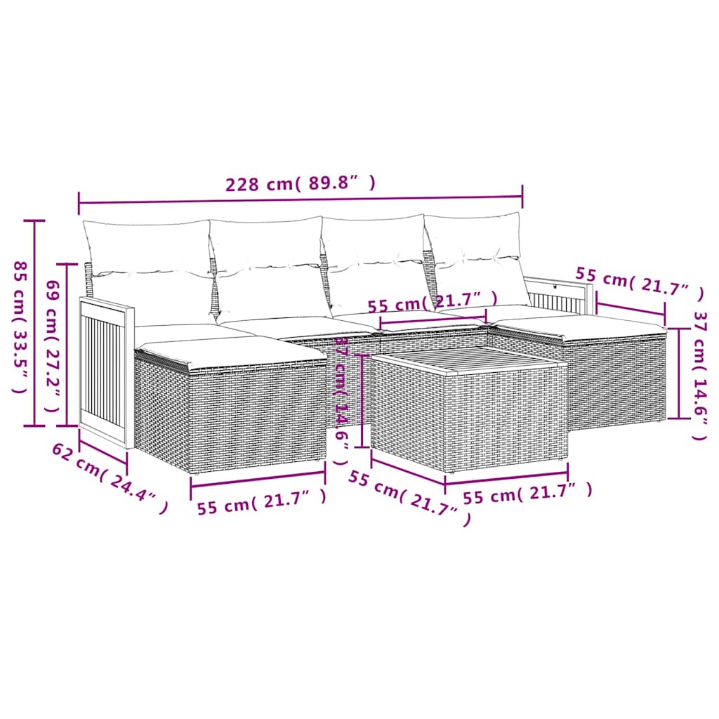 Ensemble de canapé de jardin 7 pcs avec coussins noir résine tressée