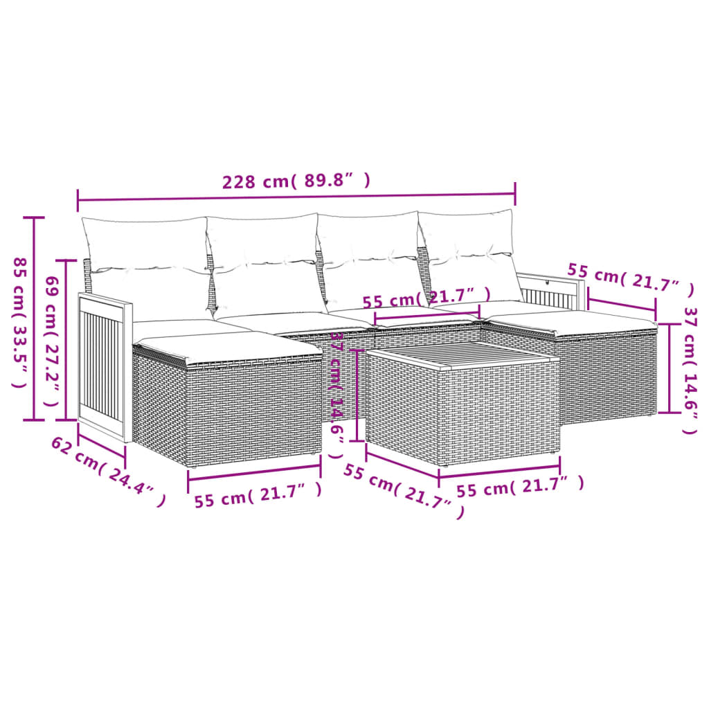 Salon de jardin avec coussins 7 pcs gris résine tressée