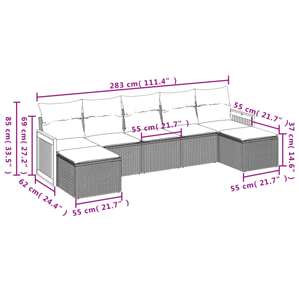 Ensemble de canapé de jardin 7 pcs avec coussins gris résine tressée