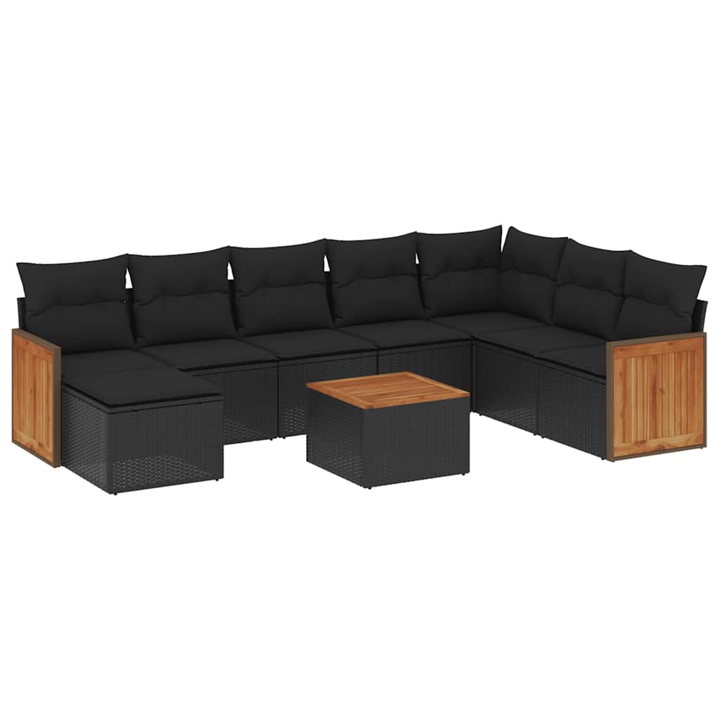 Salon de jardin 9 pcs avec coussins noir résine tressée
