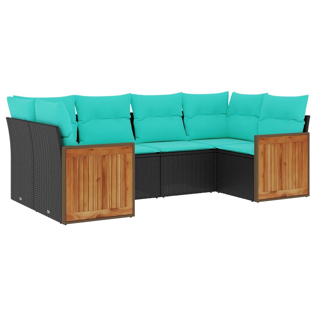 Salon de jardin 6 pcs avec coussins noir résine tressée