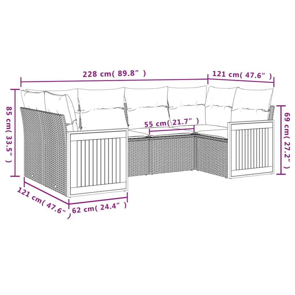 Salon de jardin 6 pcs avec coussins gris résine tressée