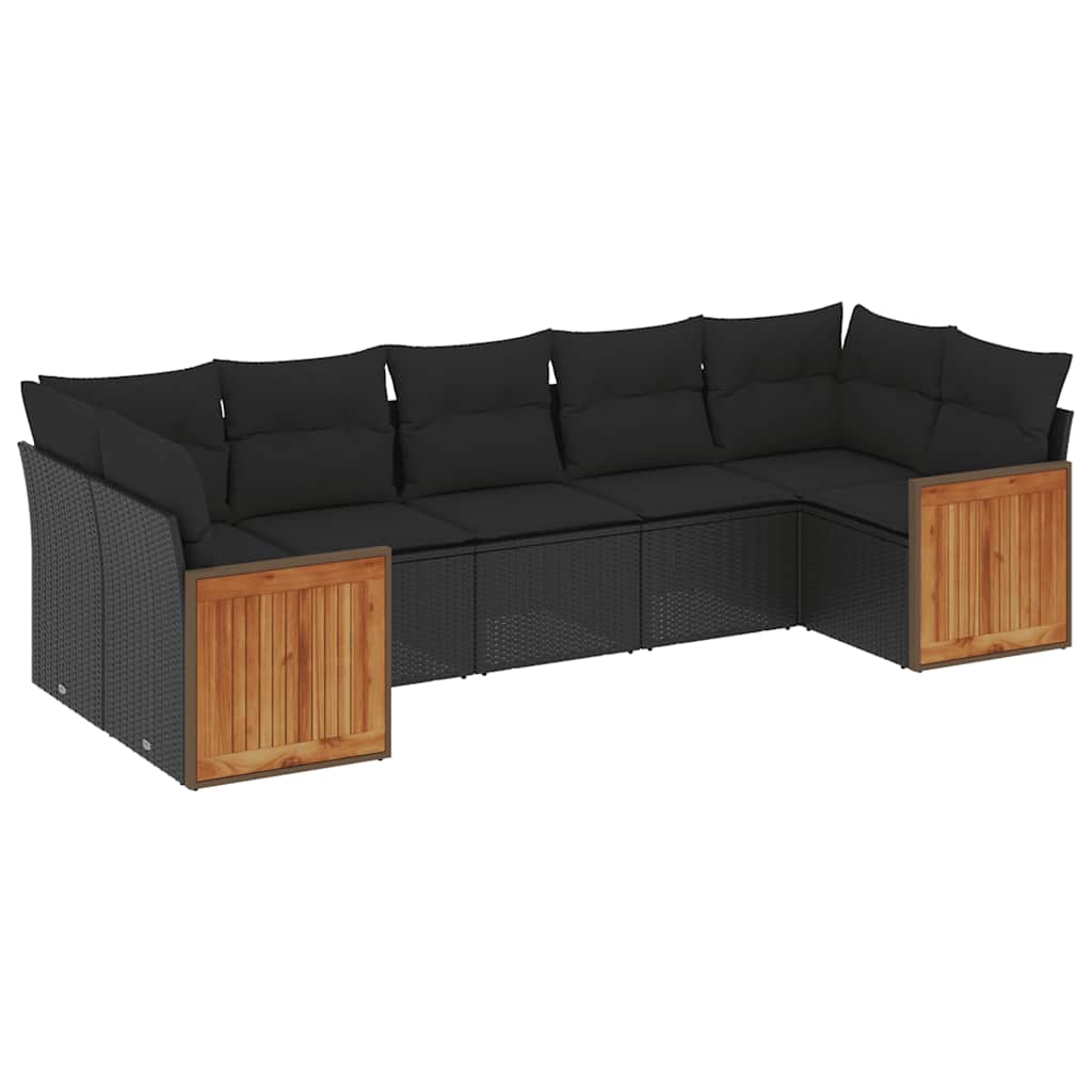 Salon de jardin 7 pcs avec coussins noir résine tressée
