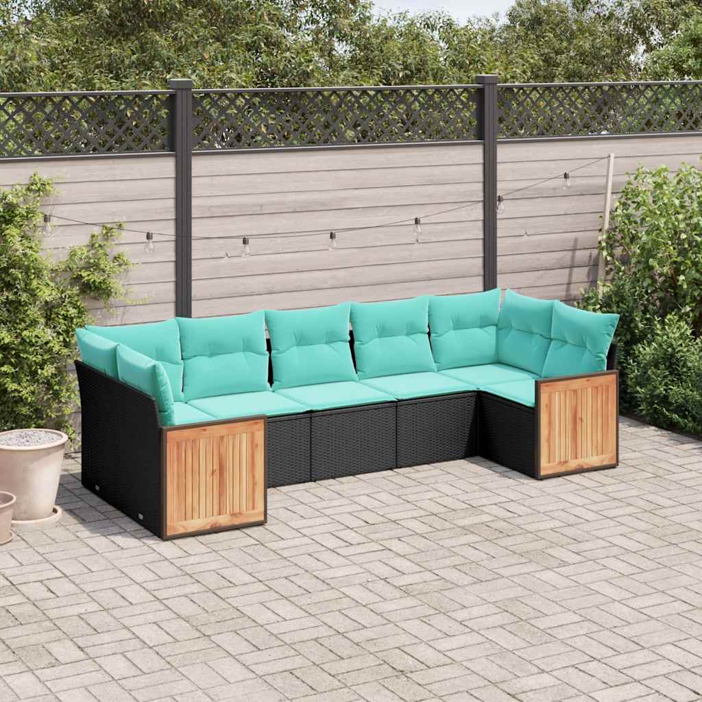 Salon de jardin 7 pcs avec coussins noir résine tressée