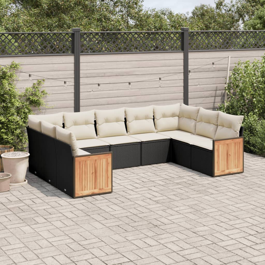 Salon de jardin 9 pcs avec coussins noir résine tressée
