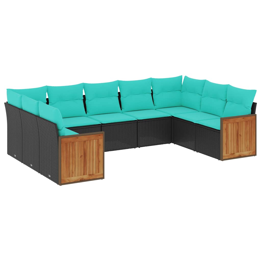 Salon de jardin 9 pcs avec coussins noir résine tressée