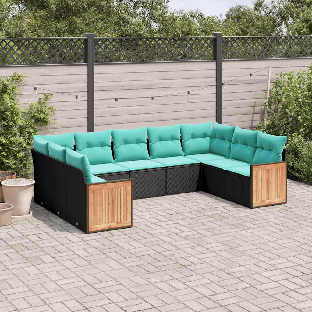 Salon de jardin 9 pcs avec coussins noir résine tressée