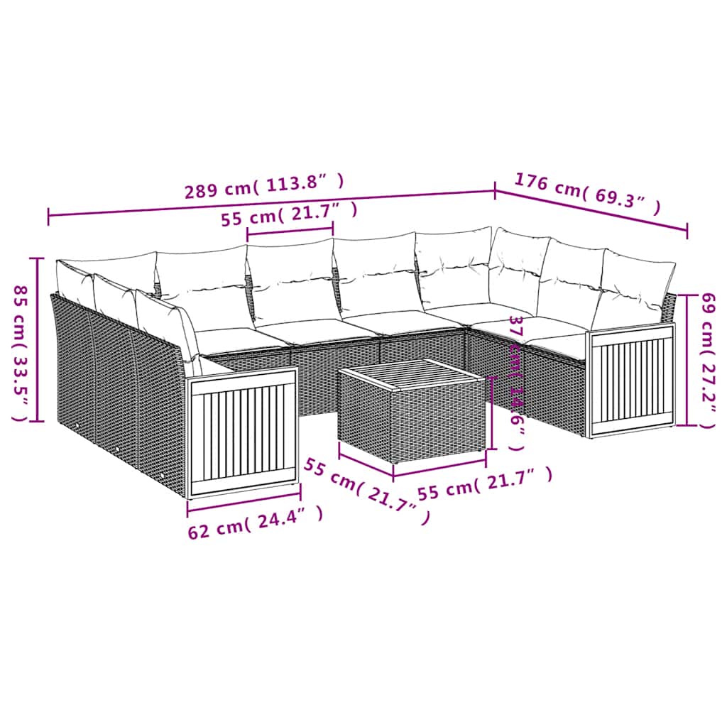 Ensemble de canapé de jardin 10 pcs avec coussins noir résine tressée