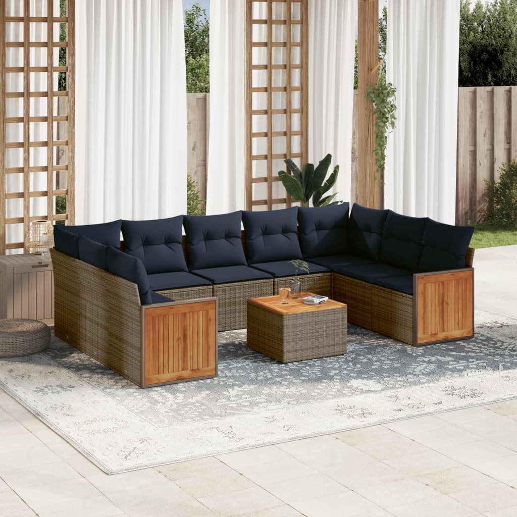 Ensemble de canapé de jardin 10 pcs avec coussins gris résine tressée