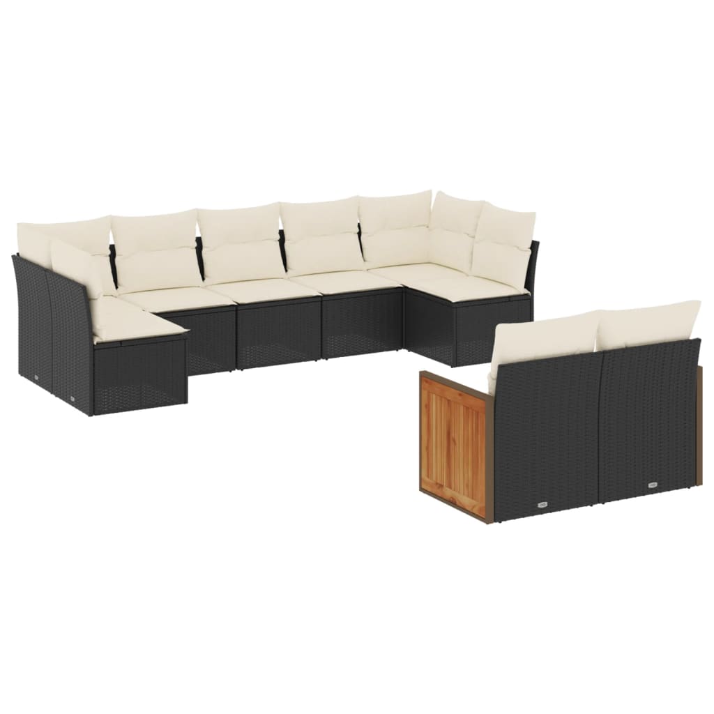 Salon de jardin 9 pcs avec coussins noir résine tressée