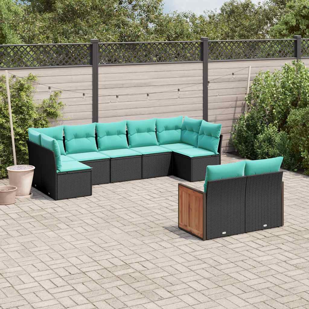 Salon de jardin 9 pcs avec coussins noir résine tressée