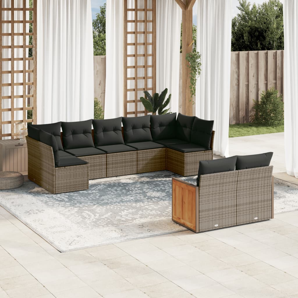 Salon de jardin 9 pcs avec coussins gris résine tressée