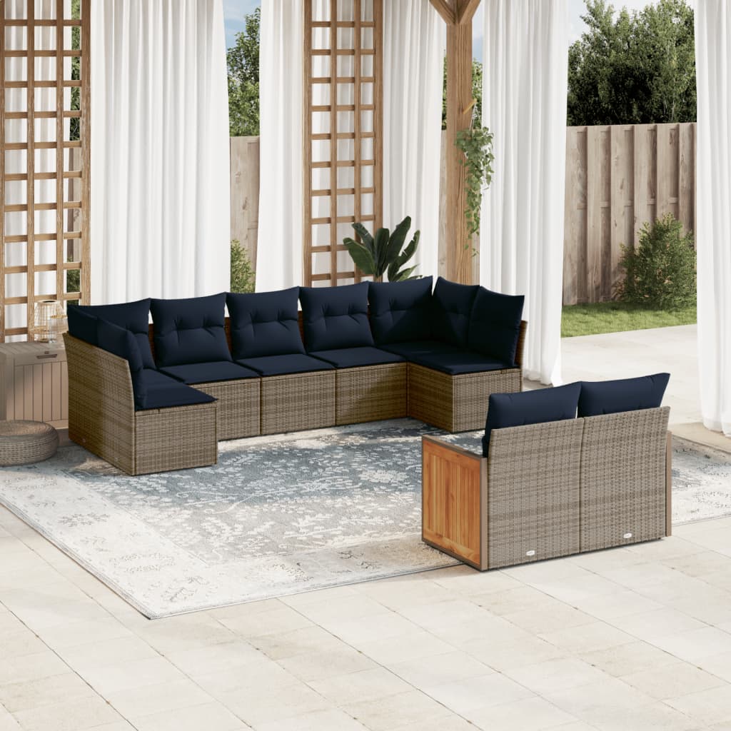 Ensemble de canapé de jardin 9 pcs avec coussins gris résine tressée