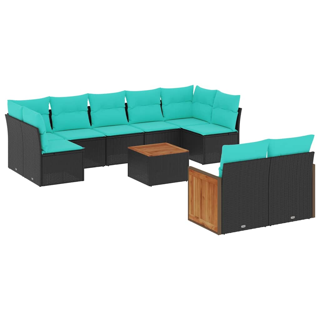 Ensemble de canapé de jardin 10 pcs avec coussins noir résine tressée