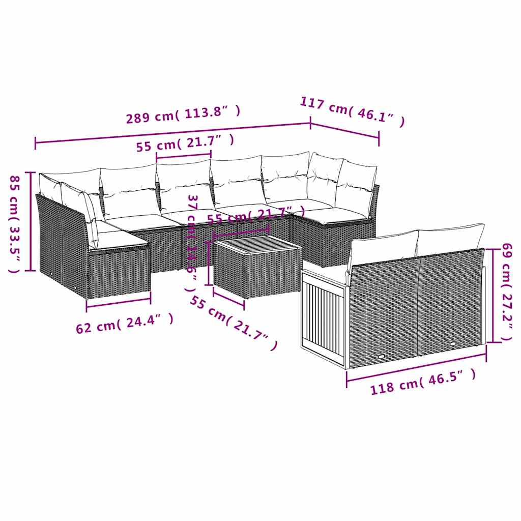 Ensemble de canapé de jardin 10 pcs avec coussins noir résine tressée