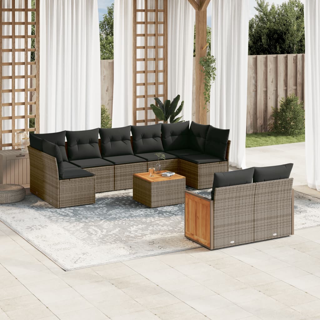 Salon de jardin avec coussins 10 pcs gris résine tressée