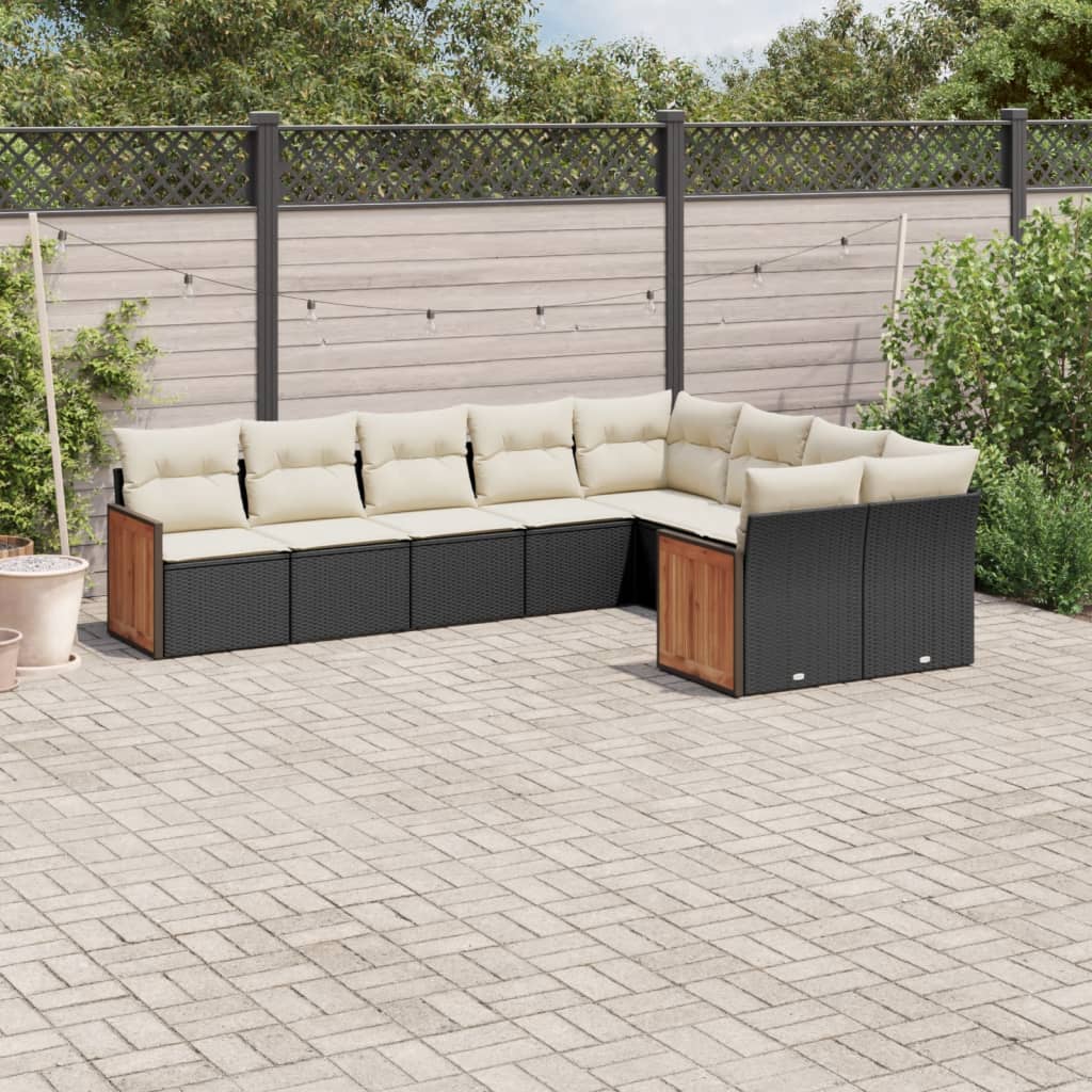 Salon de jardin 9 pcs avec coussins noir résine tressée