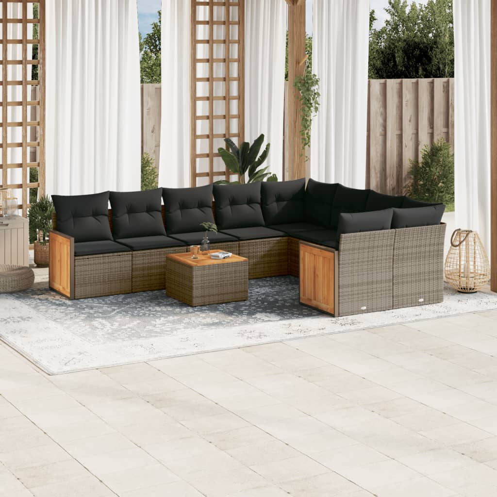 Salon de jardin avec coussins 10 pcs gris résine tressée