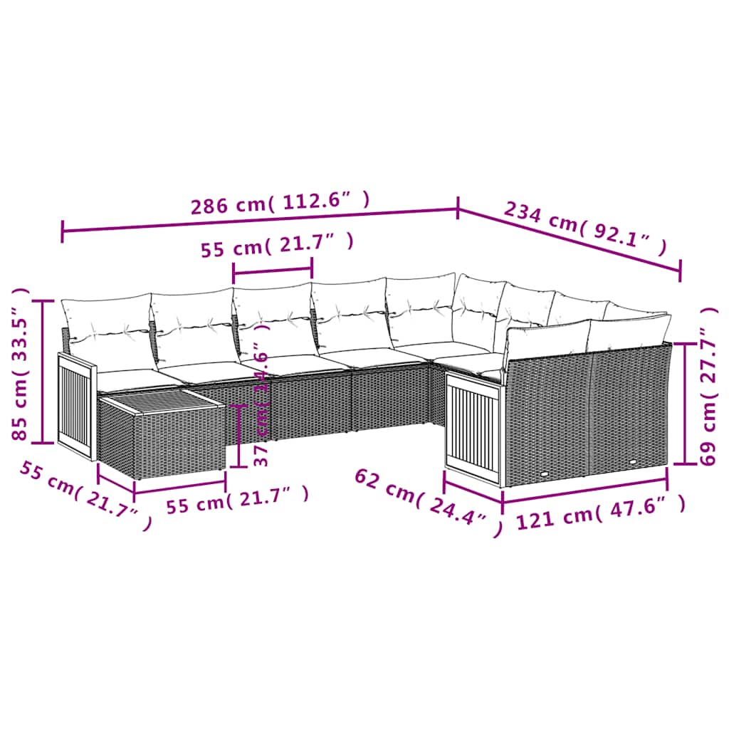Ensemble de canapé de jardin 10 pcs avec coussins noir résine tressée