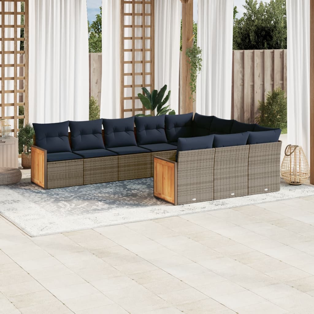 Ensemble de canapé de jardin 10 pcs avec coussins gris résine tressée